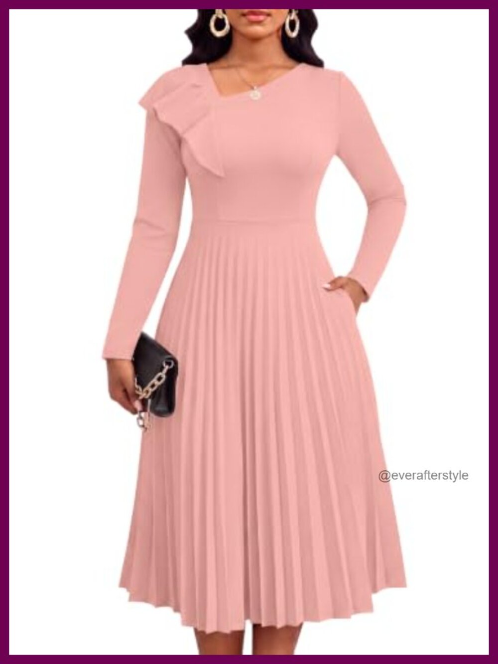 Pleated Midi Dress Long Sleeve Ruffle V Neck A-Line Fit & Flare Semi-Formal
